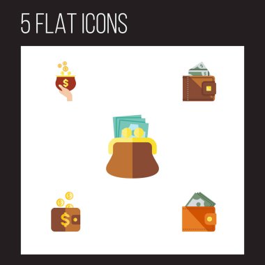 Düz simgesi cüzdanınızdan kümesi ödeme, para birimi, kese ve diğer vektör nesneleri. Para, finans, para öğeleri de içerir.