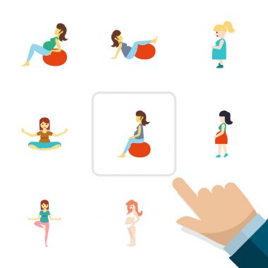 Düz simgesi gebelik kümesi poz, Fitness, anne ve diğer vektör nesneleri. Bayan, hamile, spor öğeleri de içerir.