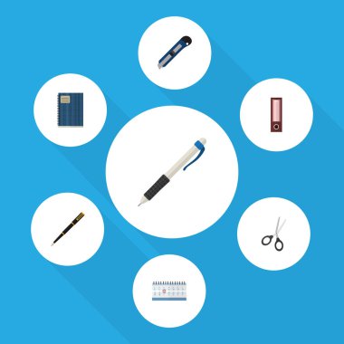 Düz simgesi donanımları dosyası, defterini, tarihi blok ve diğer vektör nesneleri kümesi. Ayrıca yazma, içerir defterini, takvim öğeleri.