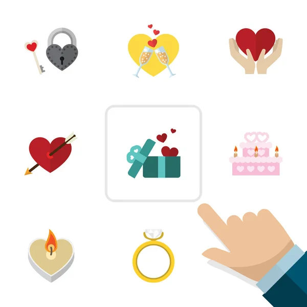 Icono plano amor conjunto de corazón, llave, regalo y otros objetos vectoriales. También incluye cerradura, cinta, elementos de la pastelería . — Archivo Imágenes Vectoriales