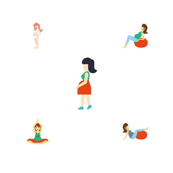 Icono plano embarazada conjunto de embarazo, madre, señora y otros objetos vectoriales. También incluye Fitness, Mujer, Elementos de Meditación . — Vector de stock