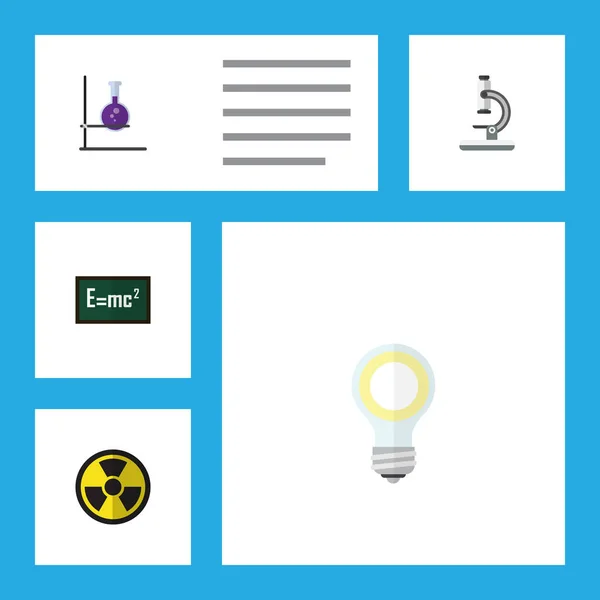 Flat ikonen studie uppsättning glödlampa, bestrålning, kolv och andra vektorobjekt. Innehåller även glas, kolv, relativitetsteori element. — Stock vektor