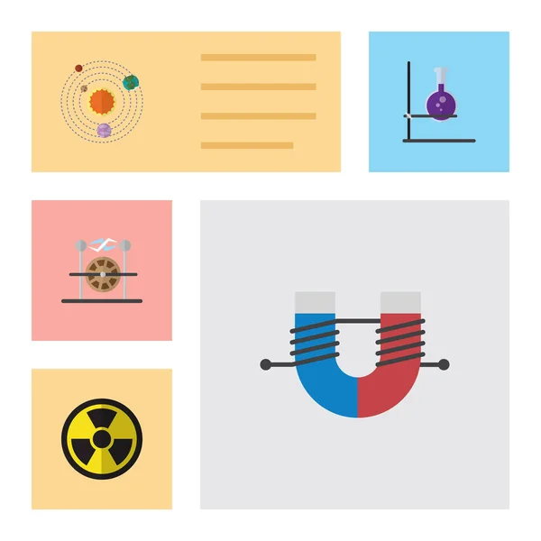 Icono plano conjunto de conocimiento de la Vía Láctea, fuerza atractiva, irradiación y otros objetos vectoriales. También incluye prueba, imán, elementos eléctricos . — Archivo Imágenes Vectoriales