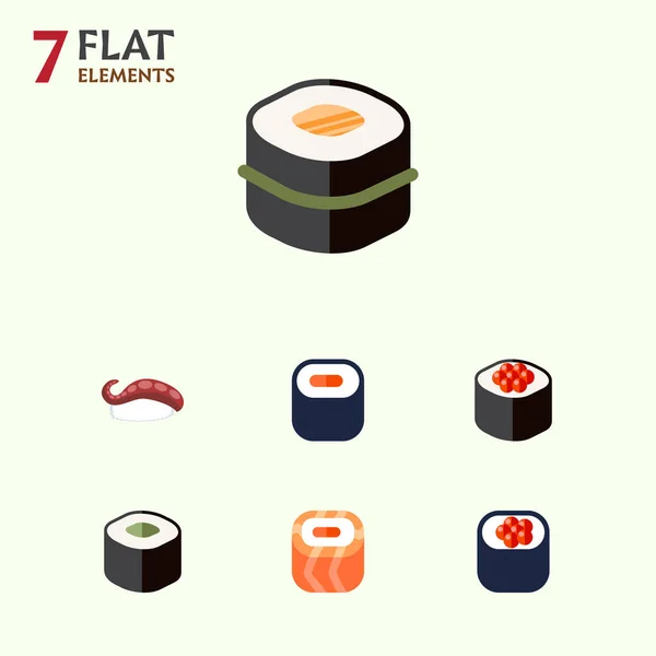 Flat ikonen Sushi uppsättning Maki, äta, lax rullar och andra vektorobjekt. Innehåller även Maki, rullar, Sashimi element. — Stock vektor