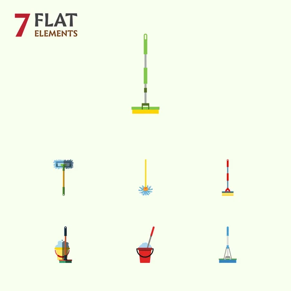 Icono plano conjunto de fregona de equipos, palo de escoba, cubo y otros objetos vectoriales. También incluye palo de escoba, limpiador, elementos de limpieza . — Archivo Imágenes Vectoriales