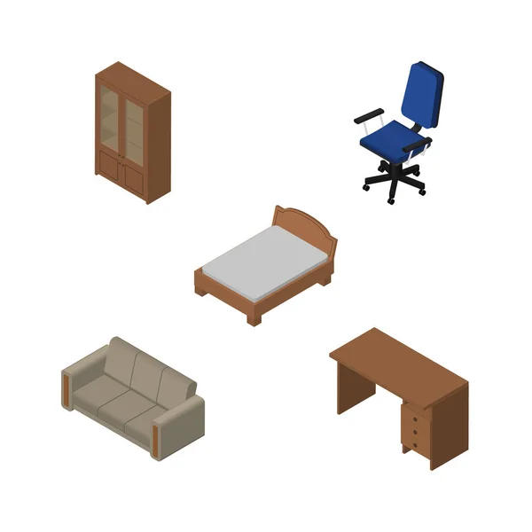 Set de muebles isométricos de gabinete, cama, sofá y otros objetos vectoriales. También incluye Settee, cajón, elementos del gabinete . — Vector de stock