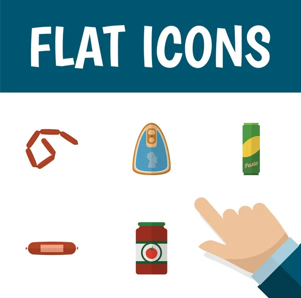 Flat Icon Eating Set of Bratwurst, Kielbasa, Canned Chicken and Other Vector Objects. А также помидоры, базар, куриные слоенки . — стоковый вектор