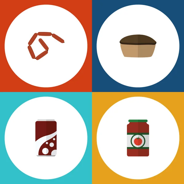 Platte pictogram voedsel Set van Ketchup, Tart, Bratwurst en andere vectorobjecten. Ook koolzuurhoudende, drinken, tomaat elementen. — Stockvector