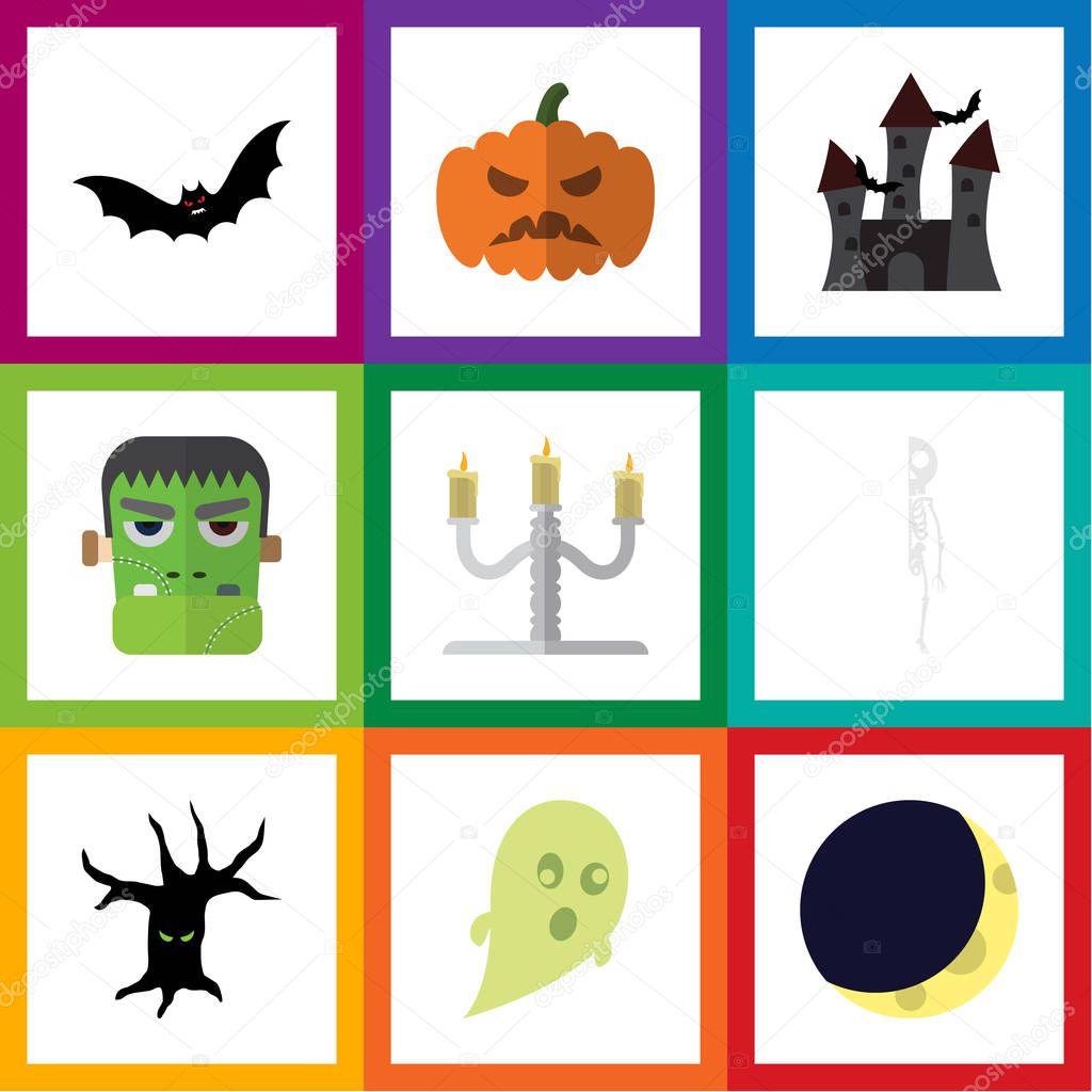 Flat Icon Halloween Set Of Terrible Halloween, Fortress, Skeleton And Other Vector Objects. Also Includes Creepy, Castle, Tree Elements.
