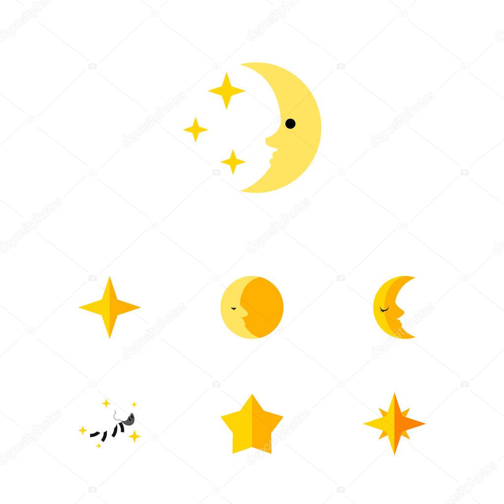 Flat Icon Bedtime Set Of Asterisk, Lunar, Moon And Other Vector Objects. Also Includes Nighttime, Midnight, Night Elements.
