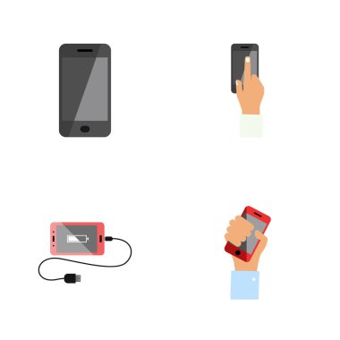 Düz simgesi Smartphone telefon, dokunmatik ekran, akü ve diğer vektör nesneleri küme. Ayrıca ücret, telefon, dokunmatik ekran öğeleri içerir.