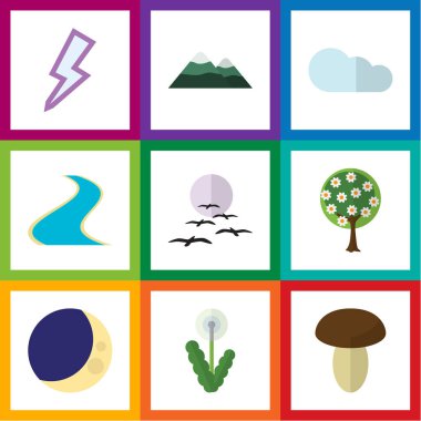 Düz simgesi ekoloji dizi tepe, martı, çiçek ve diğer vektör nesneleri. Ayrıca kolu, Haliç, fırtına unsurları içerir.