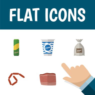 Sosis, sığır eti, spagetti ve diğer vektör nesnelerini düz simgesi yemek ayarlayın. Ayrıca gıda, çuval, muhallebi öğeleri içerir.