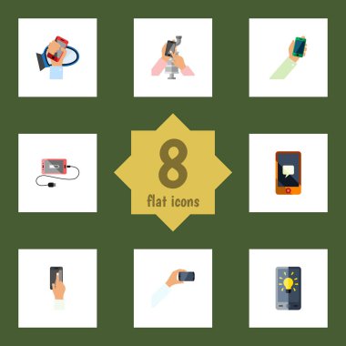 Düz simgesi telefon tutmak telefon, sohbet, akıllı telefon ve diğer vektör nesneleri kümesi. Ayrıca, ekran, sohbet öğeleri telefon içerir.