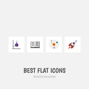 Düz simgesi bilgi uzay gemisi, ders, şişesi ve diğer vektör nesneleri kümesi. Ayrıca tüp, güneş, sistem öğeleri içerir.