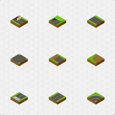 Metronun, şerit, Driveway ve diğer vektör nesneleri olmadan izometrik şekilde ayarlayın. Ayrıca kavşak, asfalt, altbilgi öğeleri içerir.