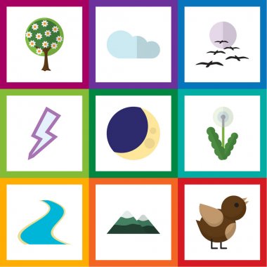 Düz simgesi biyo Gull, tepe, kuş ve diğer vektör nesneleri ayarlayın. Bulutlu, tepe, vergisel öğeleri de içerir.