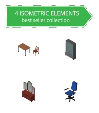 İzometrik mobilya ofis, çekmece, sandalye ve diğer vektör nesneleri kümesi. Ayrıca ayna, içerir kabine, sandalye öğeleri.