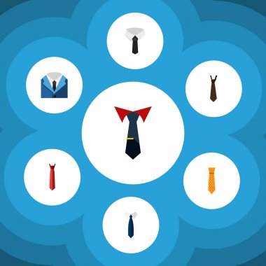 Düz simge kravat seti, terzilik, tekstil, kravat ve diğer vektör nesnelerine. Ayrıca dikiş, moda, dokuma detayları içerir.