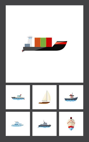 Icono plano conjunto de barcos de yate, entrega, barco y otros objetos de vectores. También incluye petrolero, yate, elementos del barco . — Vector de stock