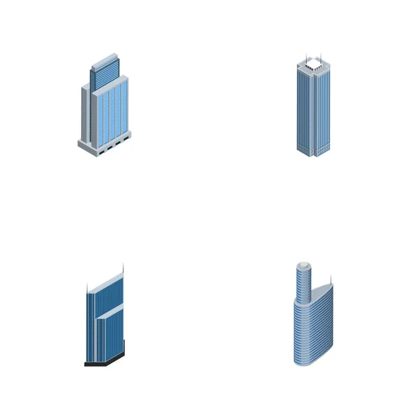 Ensemble de gratte-ciel isométrique de bâtiments, gratte-ciel, objets vectoriels résidentiels et autres. Comprend également les éléments résidentiels, urbains, extérieurs . — Image vectorielle