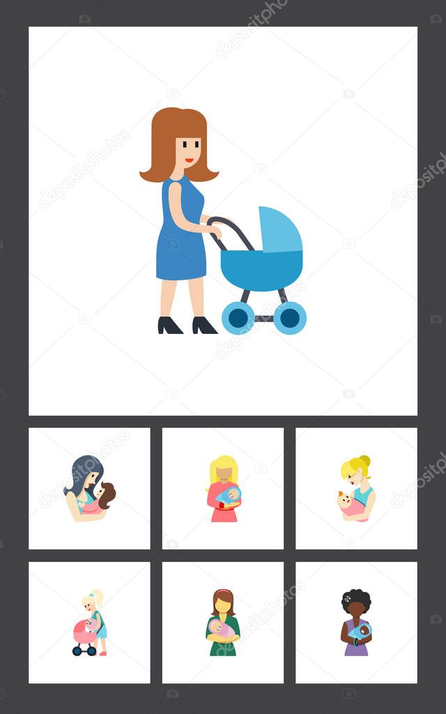 Flat Icon Mam Set Of Mam, Parent, Perambulator And Other Vector Objects. Also Includes Woman, Mam, Perambulator Elements.