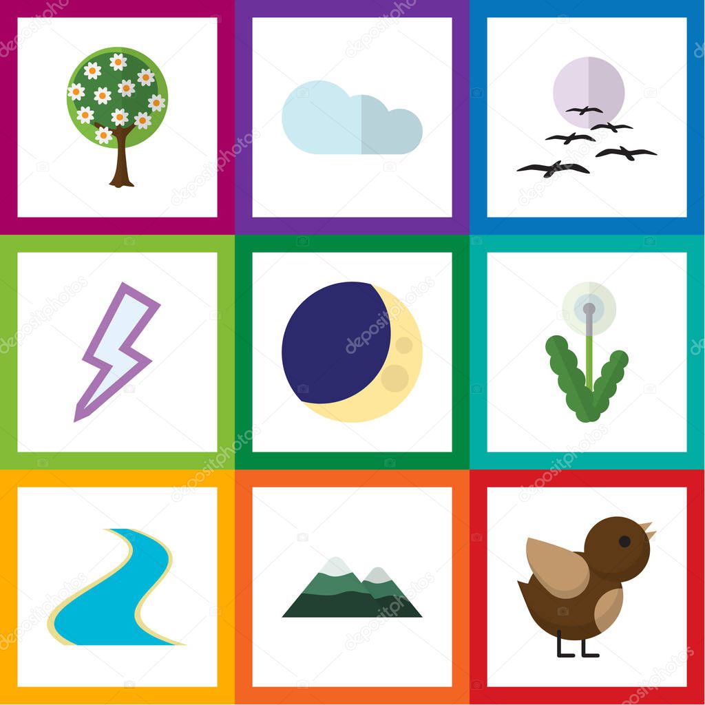 Flat Icon Bio Set Of Gull, Peak, Bird And Other Vector Objects. Also Includes Overcast, Peak, Tributary Elements.