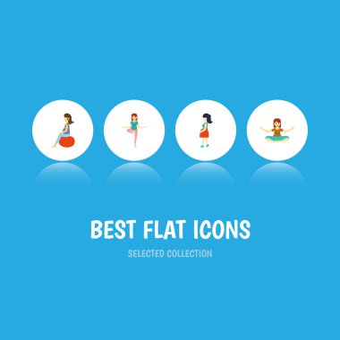 Anne, Fitness, poz ve diğer vektör nesnelerini düz simge hamilelik seti. Ayrıca gebelik, kadın, meditasyon öğeleri içerir.