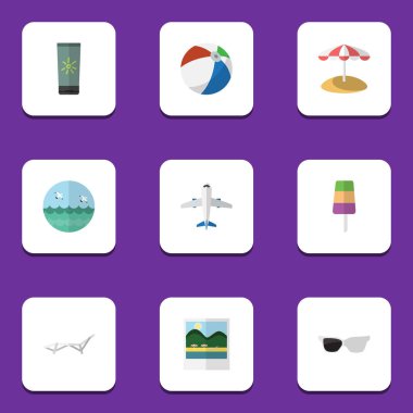 Düz simgesi Sezon dizi okyanus, uçak, dondurma ve diğer vektör nesneleri. Ayrıca okyanus, şezlong, nemlendirici öğeleri içerir.