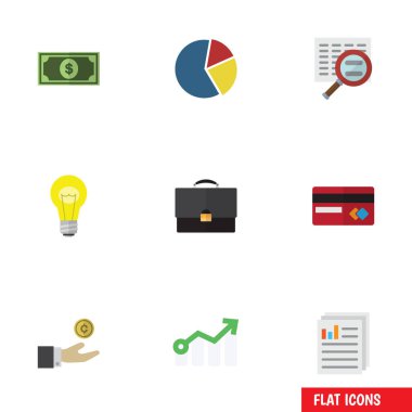 Düz simgesi Finans ödeme, Portföy, büyüme ve diğer vektör nesneleri kümesi. Dolar, ok, kart öğeleri de içerir.