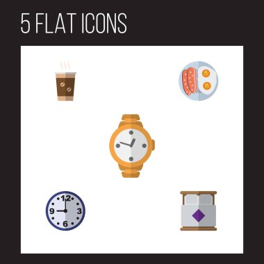 Düz simgesi Oneday dizi izle, sahanda yumurta, Cappuccino ve diğer vektör nesneleri. Ayrıca zamanlayıcı, kol saati, kapuçino öğeleri içerir.