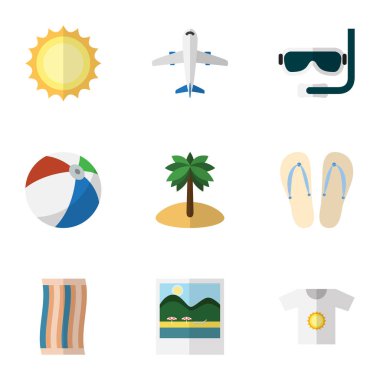 Düz simgesi Beach Küre, uçak, güneş ve diğer vektör nesnelerini ayarlayın. Ayrıca anımsatıcıları, Aqualung, gündoğumu öğeleri içerir.