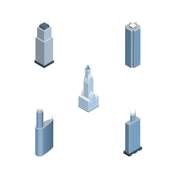 Conjunto de edificios isométricos de centro de negocios, paisaje urbano, rascacielos y otros objetos vectoriales. También incluye Edificio, Paisaje urbano, Elementos de la Torre . — Vector de stock