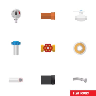 Düz simgesi sıhhi tesisat kümesi filtre su, drenaj, flanş ve diğer vektör nesneleri. Ayrıca oyuncular, Manometre, ölçek unsurları içerir.