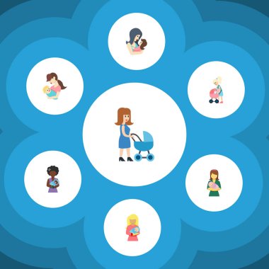 Anne, anne, çocuk ve diğer vektör nesnelerini düz simgesi üst küme. Ayrıca Perambulator, çocuk, Bebek öğeleri içerir.