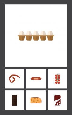 Düz simgesi konfeksiyon, kaşar dilimi, Bratwurst ve diğer vektör nesneleri kümesi yeme. Ayrıca yumurta kabuğu, Bar, kutusu öğeleri içerir.