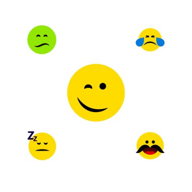 Düz simgesi Emoji göz kırpıyor, uykuda, neşeli ve diğer vektör nesneleri kümesi. Ayrıca bıyık, üzgün, Emoji öğeleri içerir.