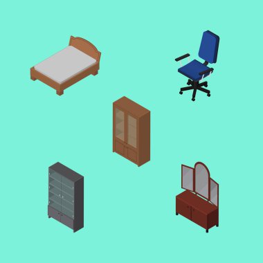 İzometrik mobilya ofis, çekmece, dolap ve diğer vektör nesneleri kümesi. Ayrıca Office, yatak, büfe öğeleri içerir.