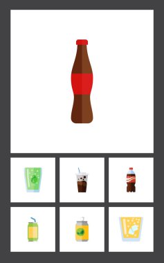 Düz simgesi içecek gazlı içecek, meyve suyu ve diğer vektör nesneleri kümesi. Ayrıca gazlı, içerir Soda, limonata elemanları.