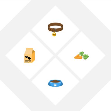 Düz simgesi evcil hayvan tazı kolye, kök sebze, beslenme kutusu ve diğer vektör nesneleri kümesi. Ayrıca havuç, köpek yavrusu, sebze öğeleri içerir.