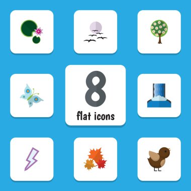 Düz simgesi ekoloji Monarch, martı, Cascade ve diğer vektör nesneleri kümesi. Ayrıca yaprak, Monarch, çiçek öğeleri içerir.