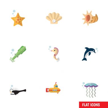 Düz simgesi doğa Periskop, ahtapot, deniz kabuğu ve diğer vektör nesneleri ayarlayın. Ayrıca Tentacle, Star, ahtapot öğeleri içerir.