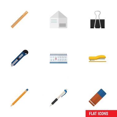 Düz simge Kırtasiye mektup, ataş, kauçuk ve diğer vektör nesnelerini ayarlayın. Ayrıca araç, mektup, kalem unsurları içerir.