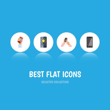 Düz simge akıllı telefon seti cep telefonu, etkileşimli ekran, ekran ve diğer vektör nesneleri. Ayrıca telefon, parlaklık, ampul öğeleri içerir.