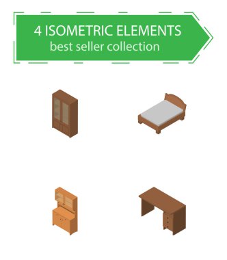 İzometrik mobilya dolap, dolap, karyola ve diğer vektör nesnelerini ayarlayın. Ayrıca dolap, yatak, tablo öğeleri içerir.