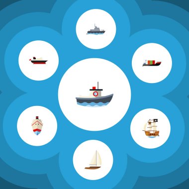 Düz simgesi tekne kargo, teslim, taşıma ve diğer vektör nesneleri kümesi. Ayrıca nakliye, tekne, korsan unsurları içerir.