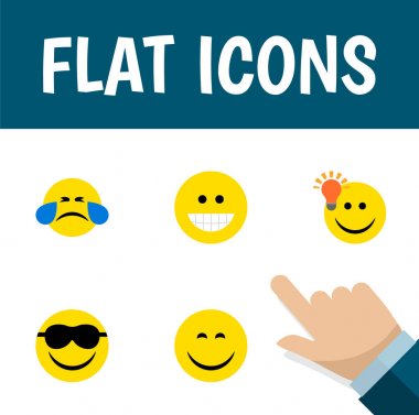 Düz simgesi ifade belirledik iyi bir fikir, soğuk terler, sırıtış ve diğer vektör nesneleri. Ayrıca içerir mutlu, güneş gözlüğü, gülmek öğeleri.