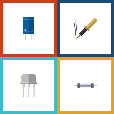 Düz simgesi aygıt kümesi Resist, transistör, onarım ve diğer vektör nesneleri. Ayrıca bakır, Fiildistor, demir unsurları içerir.