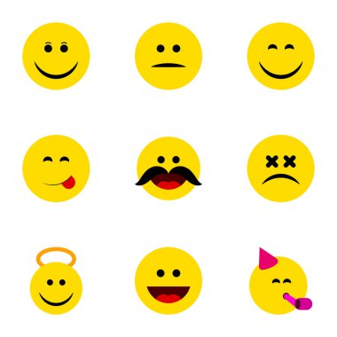 Düz simge Emoji seti kahkaha, melek, şaşı yüz ve diğer vektör nesneleri. Ayrıca bıyık, baş dönmesi, yüz öğeleri içerir.