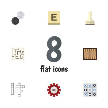 Düz simge oyun kare, piyon, X-O ve diğer vektör nesneleri kümesi. Mahjong, zar, tablo öğeleri de içerir.